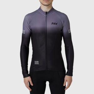 Fdx Mens Black & Grey Long Sleeve Cycling Jersey & Gel Padded Bib Tights Pants for Winter Roubaix Thermal Fleece Road Bike Wear Windproof, Hi-viz Reflectors & Pockets - Duo