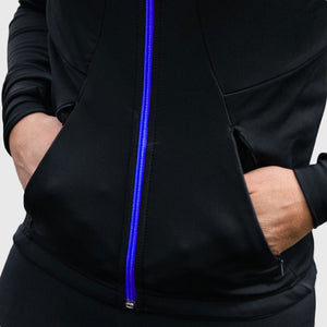 Fdx Men's Black & Blue Long Sleeve Cycling Jersey & Gel Padded Bib Tights Pants for Winter Roubaix Thermal Fleece Road Bike Wear Windproof, Hi-viz Reflectors & Pockets - Arch