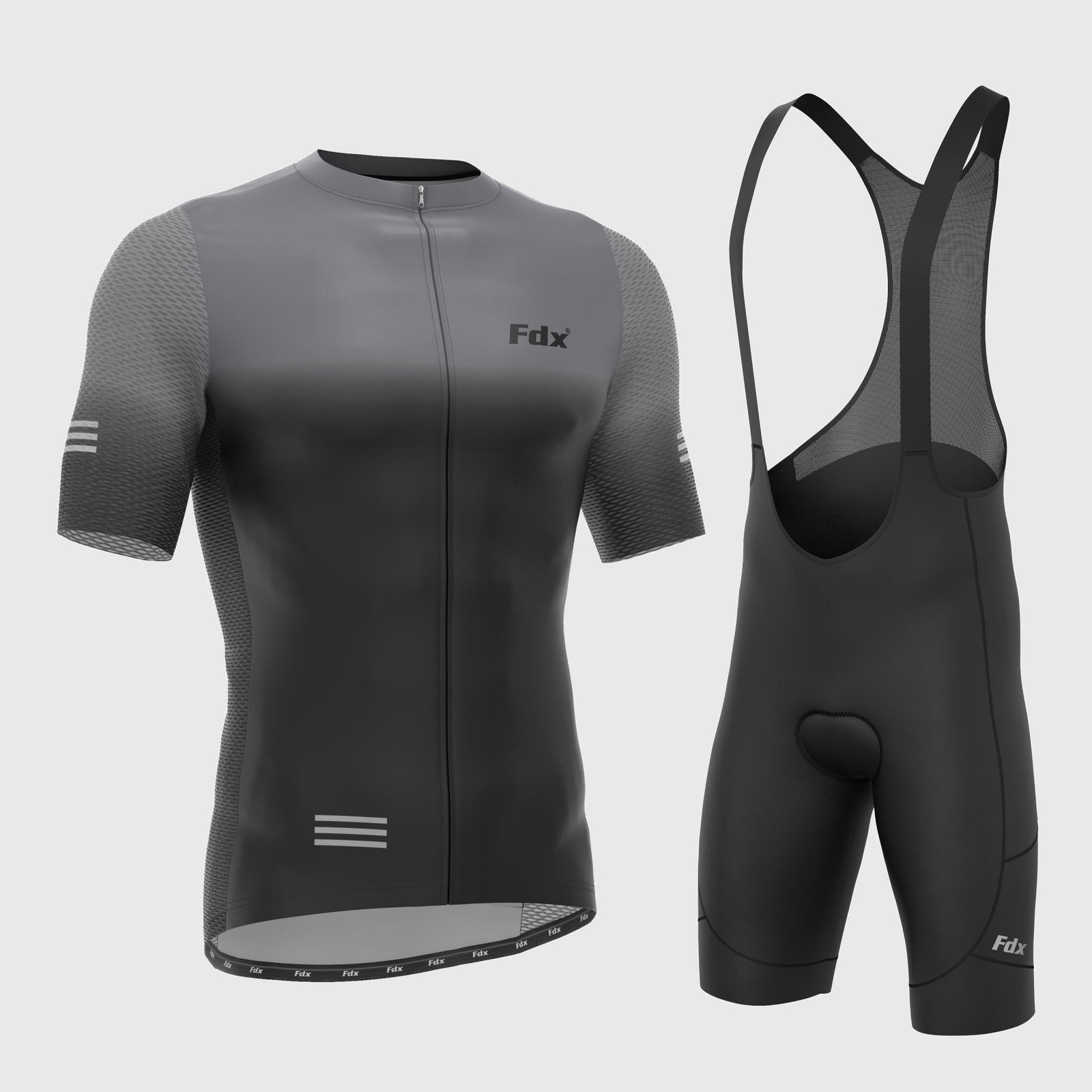 Fdx Mens Grey & Black Short Sleeve Cycling Jersey & Gel Padded Bib Shorts Best Summer Road Bike Wear Light Weight, Hi-viz Reflectors & Pockets - Duo