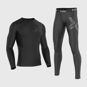Fdx Mens Black & Grey Long Sleeve Compression Top & Compression Tights Base Layer Gym Training Jogging Yoga Fitness Body Wear - Recoil