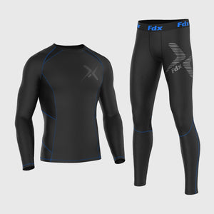 Fdx Mens Black & Blue Long Sleeve Compression Top & Compression Tights Base Layer Gym Training Jogging Yoga Fitness Body Wear - Recoil