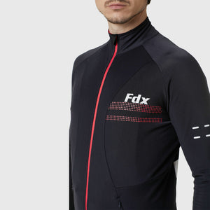 Fdx Men's Black & Red Long Sleeve Cycling Jersey & Gel Padded Bib Tights Pants for Winter Roubaix Thermal Fleece Road Bike Wear Windproof, Hi-viz Reflectors & Pockets - Arch