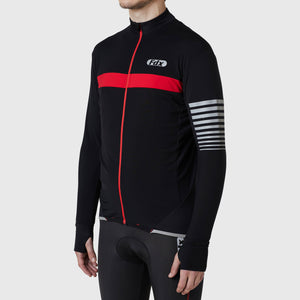 Fdx Mens Red Full Sleeve Cycling Jersey for Winter Roubaix Thermal Fleece Road Bike Wear Top Full Zipper, Pockets & Hi-viz Reflectors - All Day
