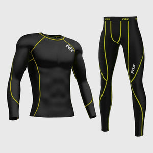 Fdx Mens Black & Yellow Long Sleeve Compression Top & Compression Tights Base Layer Gym Training Jogging Yoga Fitness Body Wear - Thermolinx