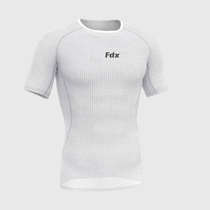 Fdx Mens White Short Sleeve Mesh Compression Top Running Gym Workout Wear Rash Guard Stretchable Breathable - Aeroform