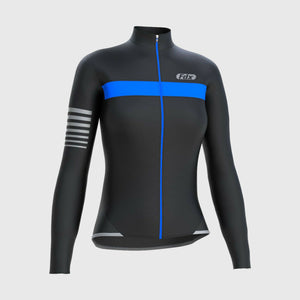 Fdx Best Women's Black & Blue Long Sleeve Cycling Jersey for Winter Roubaix Thermal Fleece Shirt Road Bike Wear Top Full Zipper, Lightweight Pockets & Hi viz Reflectors - All Day
