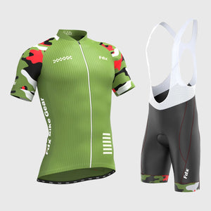 Fdx Mens Green Short Sleeve Cycling Jersey & Gel Padded Bib Shorts Best Summer Road Bike Wear Light Weight, Hi-viz Reflectors & Pockets - Camouflage