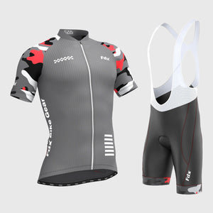 Fdx Mens Grey Short Sleeve Cycling Jersey & Gel Padded Bib Shorts Best Summer Road Bike Wear Light Weight, Hi-viz Reflectors & Pockets - Camouflage