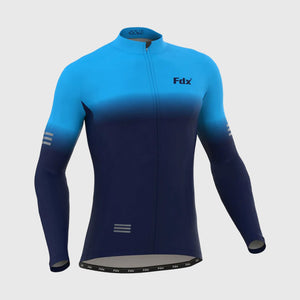 Fdx Mens Blue Long Sleeve Cycling Jersey for Winter Roubaix Thermal Fleece Road Bike Wear Top Full Zipper, Pockets & Hi-viz Reflectors - Duo