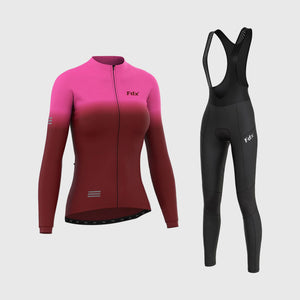 Fdx Women's Pink & Maroon Long Sleeve Cycling Jersey & Gel Padded Bib Tights Pants for Winter Roubaix Thermal Fleece Road Bike Wear Windproof, Hi-viz Reflectors & Pockets - Duo
