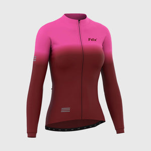 Fdx Best Women's Maroon & Pink Long Sleeve Cycling Jersey for Winter Roubaix Thermal Fleece Shirt Road Bike Wear Top Full Zipper, Lightweight Pockets & Hi viz Reflectors - Duo