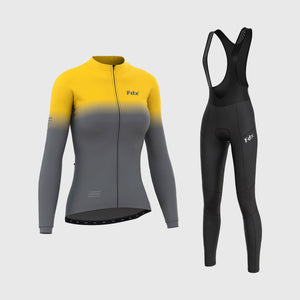 Fdx Women's Yellow & Grey Long Sleeve Cycling Jersey & Gel Padded Bib Tights Pants for Winter Roubaix Thermal Fleece Road Bike Wear Windproof, Hi-viz Reflectors & Pockets - Duo