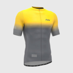 Fdx Mens Grey & Yellow Short Sleeve Cycling Jersey for Summer Best Road Bike Wear Top Light Weight, Full Zipper, Pockets & Hi-viz Reflectors - Duo