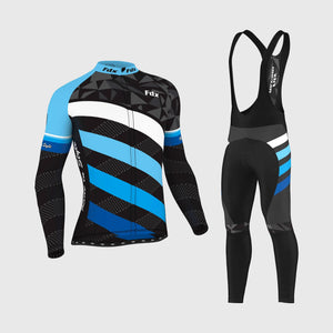 Fdx Men's Black & Blue Long Sleeve Cycling Jersey & Gel Padded Bib Tights Pants for Winter Roubaix Thermal Fleece Road Bike Wear Windproof, Hi-viz Reflectors & Pockets - Equin