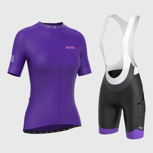 Fdx Womens Purple Short Sleeve Cycling Jersey & Gel Padded Bib Shorts Best Summer Road Bike Wear Light Weight, Hi-viz Reflectors & Pockets - Essential