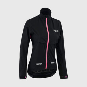 FDX Women Best Black & Pink Cycling Jacket Waterproof, Full Length Zip, hi viz reflective details velcro strips Windbreaker & Pocket - Evex
