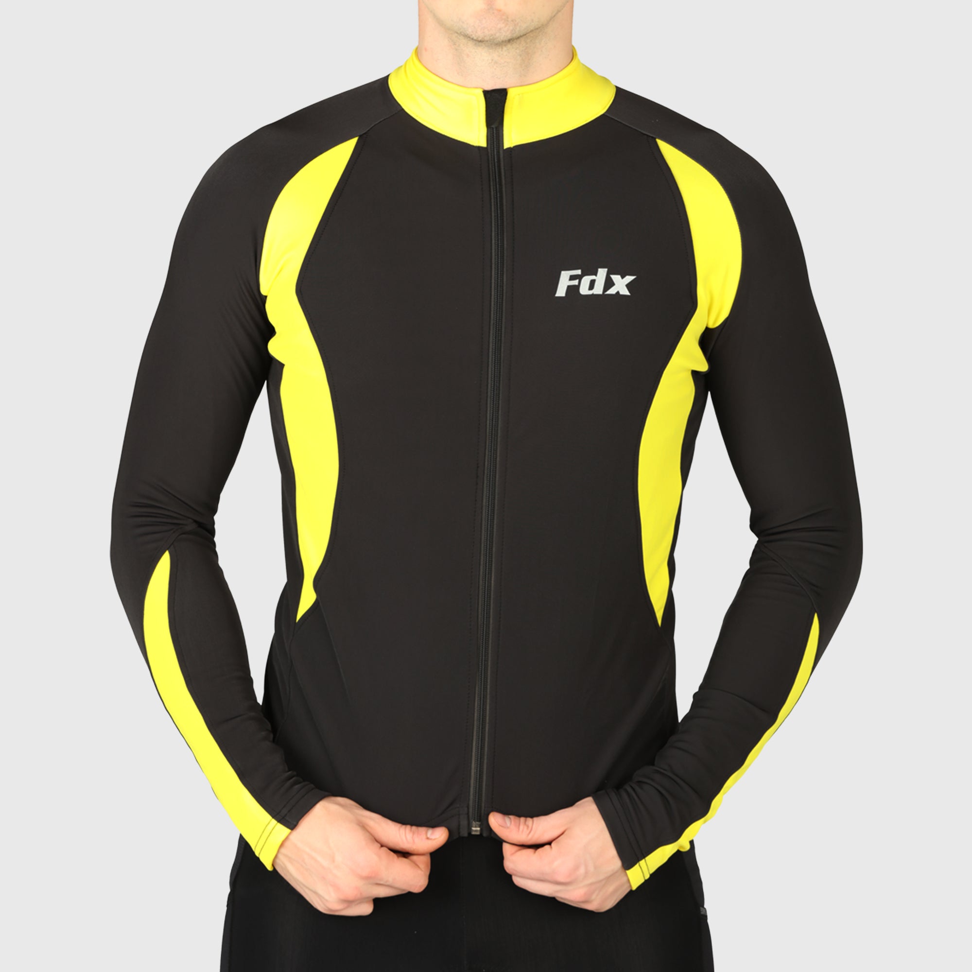 Fdx Mens Black & Yellow Long Sleeve Cycling Jersey for Winter Roubaix Thermal Fleece Road Bike Wear Top Full Zipper, Pockets & Hi-viz Reflectors - Viper
