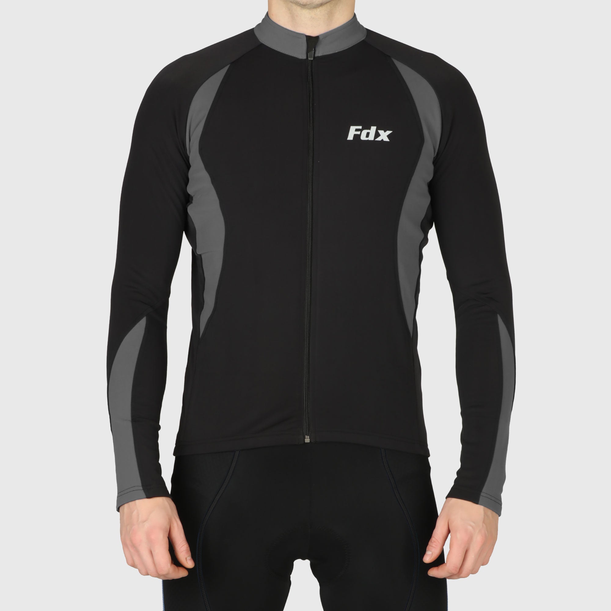 Fdx Mens Black & Grey Long Sleeve Cycling Jersey for Winter Roubaix Thermal Fleece Road Bike Wear Top Full Zipper, Pockets & Hi-viz Reflectors - Viper