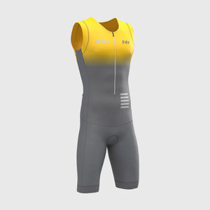 FDX Men’s Triathlon Suit, Yellow & Gray 3D Padded Breathable Compression Cycling Tri suit with Short Sleeve One Piece Skinsuit for Racing, Training, Running