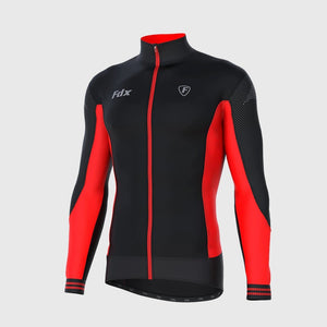 Fdx Mens High Collor Red & Black Long Sleeve Cycling Jersey for Winter Roubaix Thermal Fleece Road Bike Wear Top Full Zipper, Pockets & Hi-viz Reflectors - Thermodream