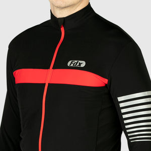 Fdx Mens Black & Red Long Sleeve Cycling Jersey & Gel Padded Bib Tights Pants for Winter Roubaix Thermal Fleece Road Bike Wear Windproof, Hi-viz Reflectors & Pockets - All Day