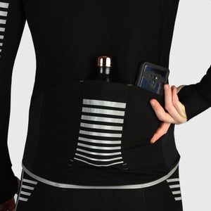 Fdx Mens Black Full Sleeve Cycling Jerseys & Gel Padded Bib Tights Cold Weather for Winter Roubaix Thermal Fleece Road Bike Wear Windproof, Hi-viz Reflectors & Pockets - All Day