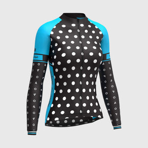 Fdx Womens Black & Blue Long Sleeve Cycling Jersey for Winter Roubaix Thermal Fleece Road Bike Wear Top Full Zipper, Pockets & Hi-viz Reflectors - Polka Dots
