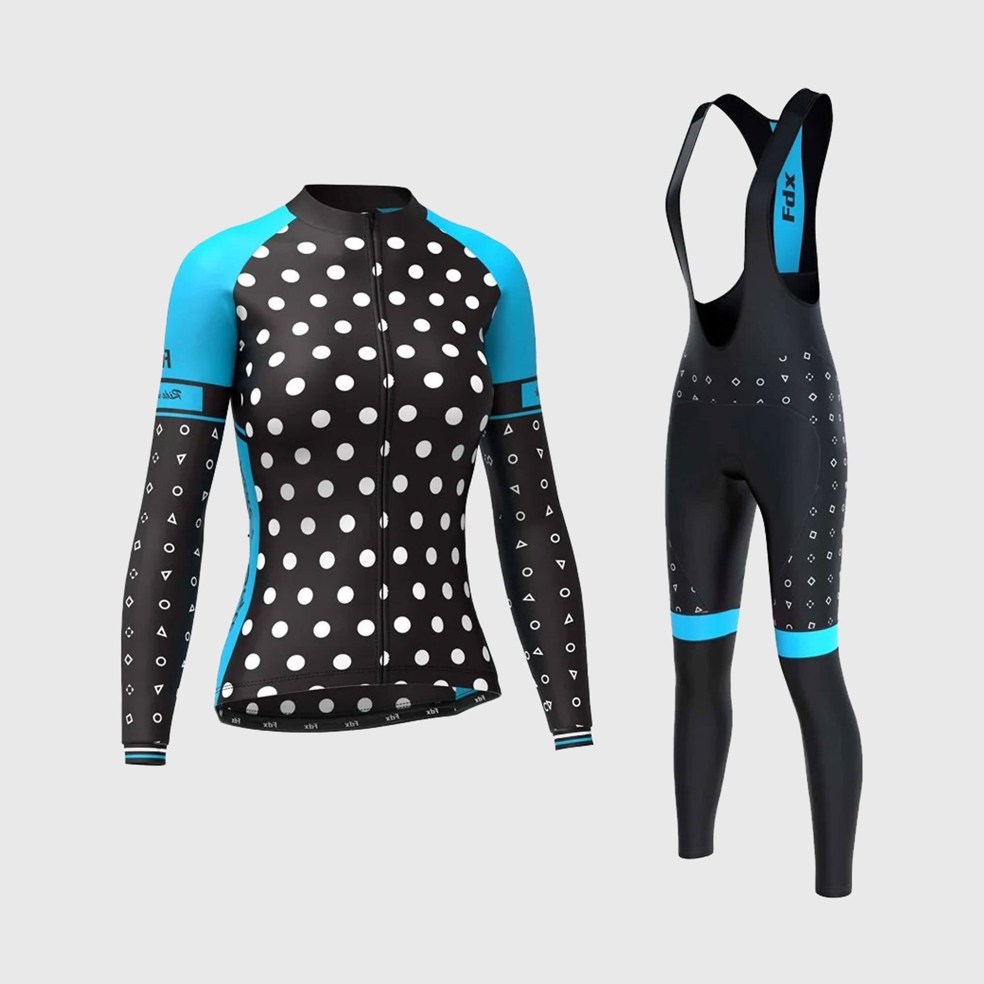 Fdx Women's Black & Sky Blue Long Sleeve Cycling Jersey & Gel Padded Bib Tights Pants for Winter Roubaix Thermal Fleece Road Bike Wear Windproof, Hi-viz Reflectors & Pockets - Polka Dots