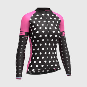 FDX Best Women's Black & Pink Long Sleeve Cycling Jersey for Winter Roubaix Thermal Fleece Shirt Road Bike Wear Top Full Zipper, Lightweight Pockets & Hi viz Reflectors - Polka
