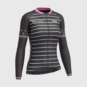 Fdx Best Women's Black & Pink Long Sleeve Cycling Jersey for Winter Roubaix Thermal Fleece Shirt Road Bike Wear Top Full Zipper, Lightweight Pockets & Hi viz Reflectors - Ripple