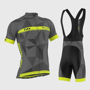 Fdx Mens Yellow Short Sleeve Cycling Jersey & Gel Padded Bib Shorts Best Summer Road Bike Wear Light Weight, Hi-viz Reflectors & Pockets - Splinter