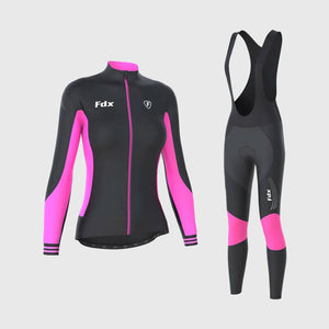 Fdx Women's Black & Pink Long Sleeve Cycling Jersey & Gel Padded Bib Tights Pants for Winter Roubaix Thermal Fleece Road Bike Wear Windproof, Hi-viz Reflectors & Pockets - Thermodream