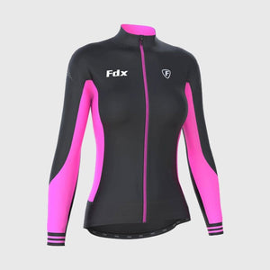 Fdx Best Women's Black & Pink Long Sleeve Cycling Jersey for Winter Roubaix Thermal Fleece Shirt Road Bike Wear Top Full Zipper,Lightweight Pockets & Hi viz Reflectors - Thermodream