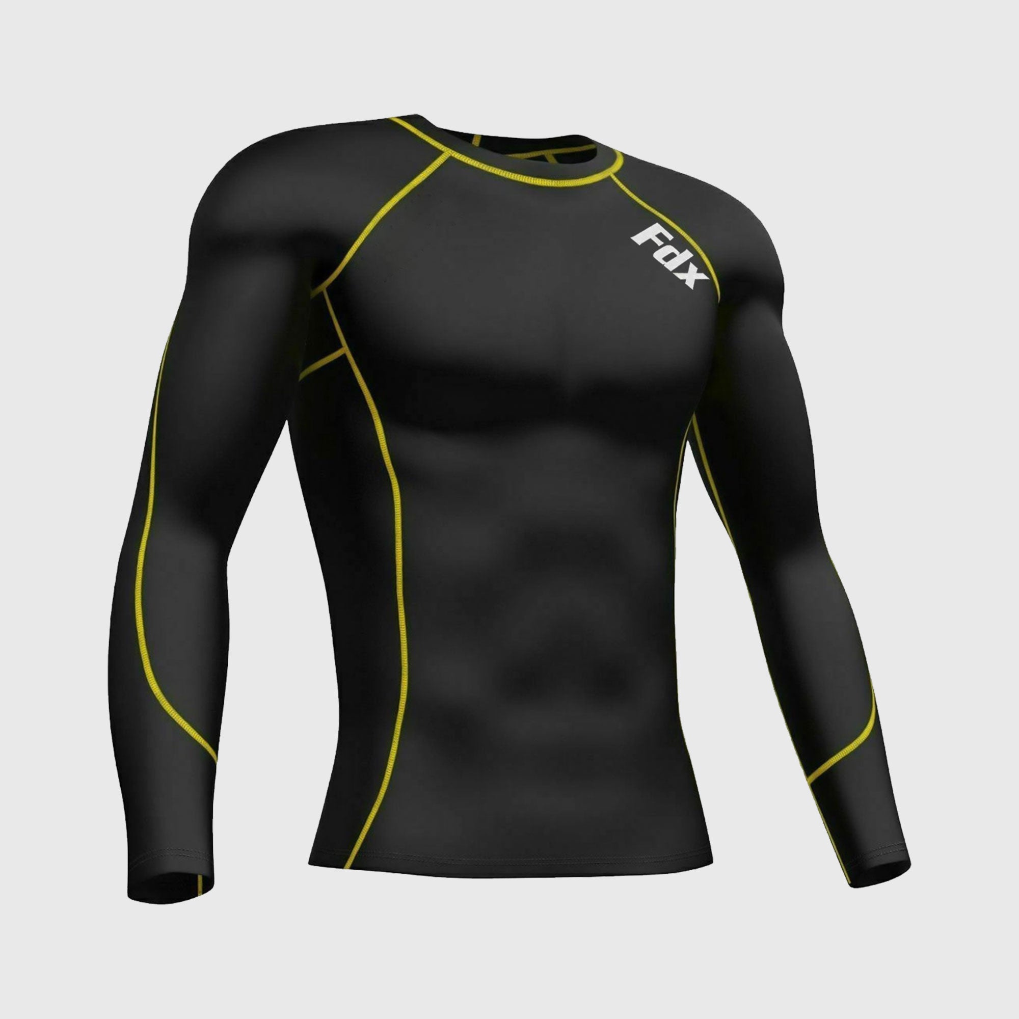Fdx Mens Black & Yellow Long Sleeve Compression Top Running Gym Workout Wear Rash Guard Stretchable Breathable - Blitz
