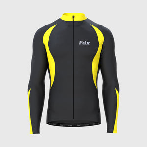 Fdx Mens Black & Yellow Long Sleeve Cycling Jersey for Winter Roubaix Thermal Fleece Road Bike Wear Top Full Zipper, Pockets & Hi-viz Reflectors - Viper