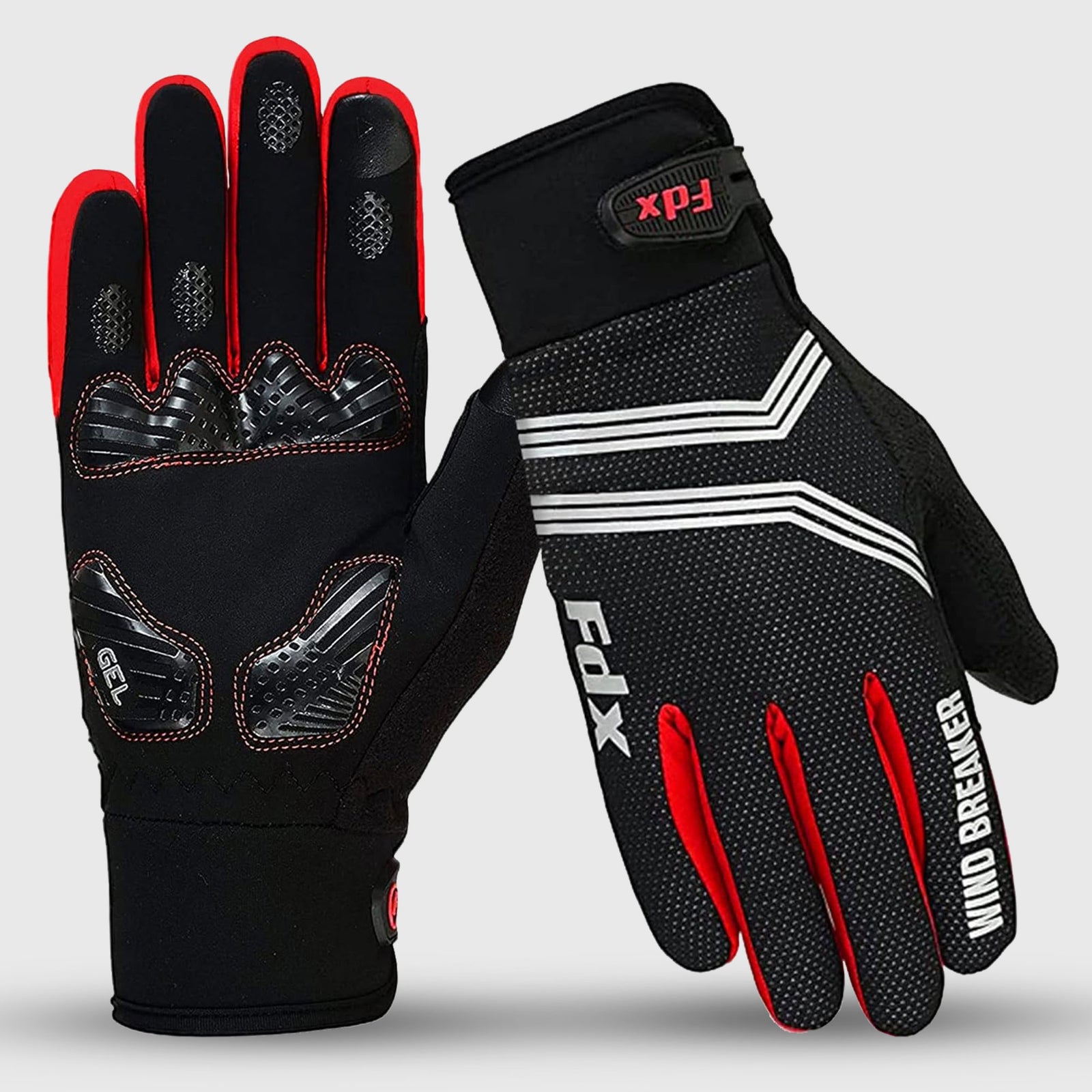 Fdx Black & Red Full Finger Cycling Gloves for Winter MTB Road Bike Reflective Thermal & Touch Screen - Dryrest