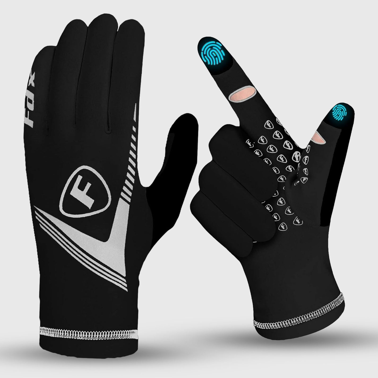 Fdx Black & White Full Finger Cycling Gloves for Winter MTB Road Bike Reflective Thermal & Touch Screen - Frost