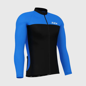 Fdx Mens Black & Blue Long Sleeve Cycling Jersey for Winter Roubaix Thermal Fleece Road Bike Wear Top Full Zipper, Pockets & Hi-viz Reflectors - Comet