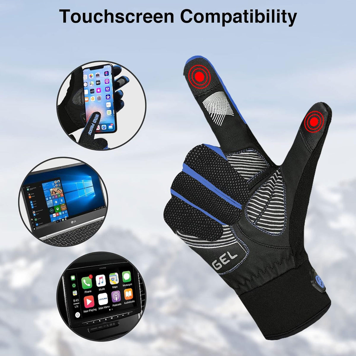 FDX Unisex Black & Blue Full Finger Winter Cycling Gloves - warm windproof anti-slip MTB padded unisex gloves, waterproof touch compatible women racing mitts