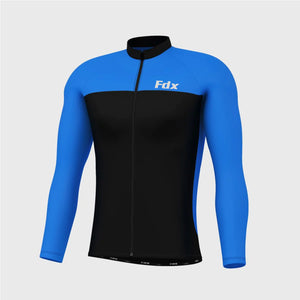 Fdx Mens Blue & Black Full Sleeve Cycling Jersey for Winter Roubaix Thermal Fleece Road Bike Wear Top Full Zipper, Pockets & Hi-viz Reflectors - Comet