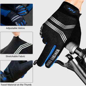 FDX Unisex Blue & Black Full Finger Winter Cycling Gloves - warm windproof anti-slip MTB padded unisex gloves, waterproof touch compatible women racing mitts