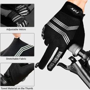 FDX Unisex White & Black Full Finger Winter Cycling Gloves - warm windproof anti-slip MTB padded unisex gloves, waterproof touch compatible women racing mitts