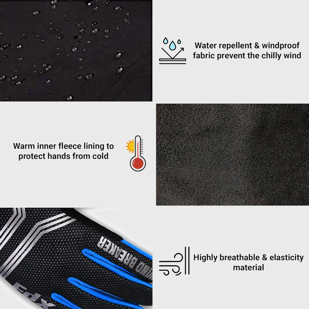 FDX Black & Blue Full Finger Unisex Gloves Windproof Mountain Bike Mitts Hi Viz Reflectors Breathable Smart Phone Touch Screen Gel Padded Winter Cycling Gear UK