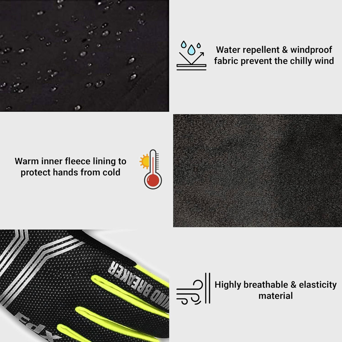 FDX Unisex Green & Black Full Finger Winter Cycling Gloves - warm windproof anti-slip MTB padded unisex gloves, waterproof touch compatible women racing mitts