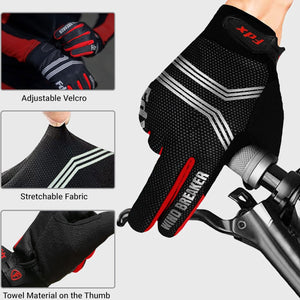 FDX Unisex Red & Black Full Finger Winter Cycling Gloves - warm windproof anti-slip MTB padded unisex gloves, waterproof touch compatible women racing mitts