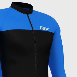 Fdx Mens Warm Long Sleeve Cycling Jersey Black & Blue for Winter Roubaix Thermal Fleece Road Bike Wear Top Full Zipper, Pockets & Hi-viz Reflectors - Comet