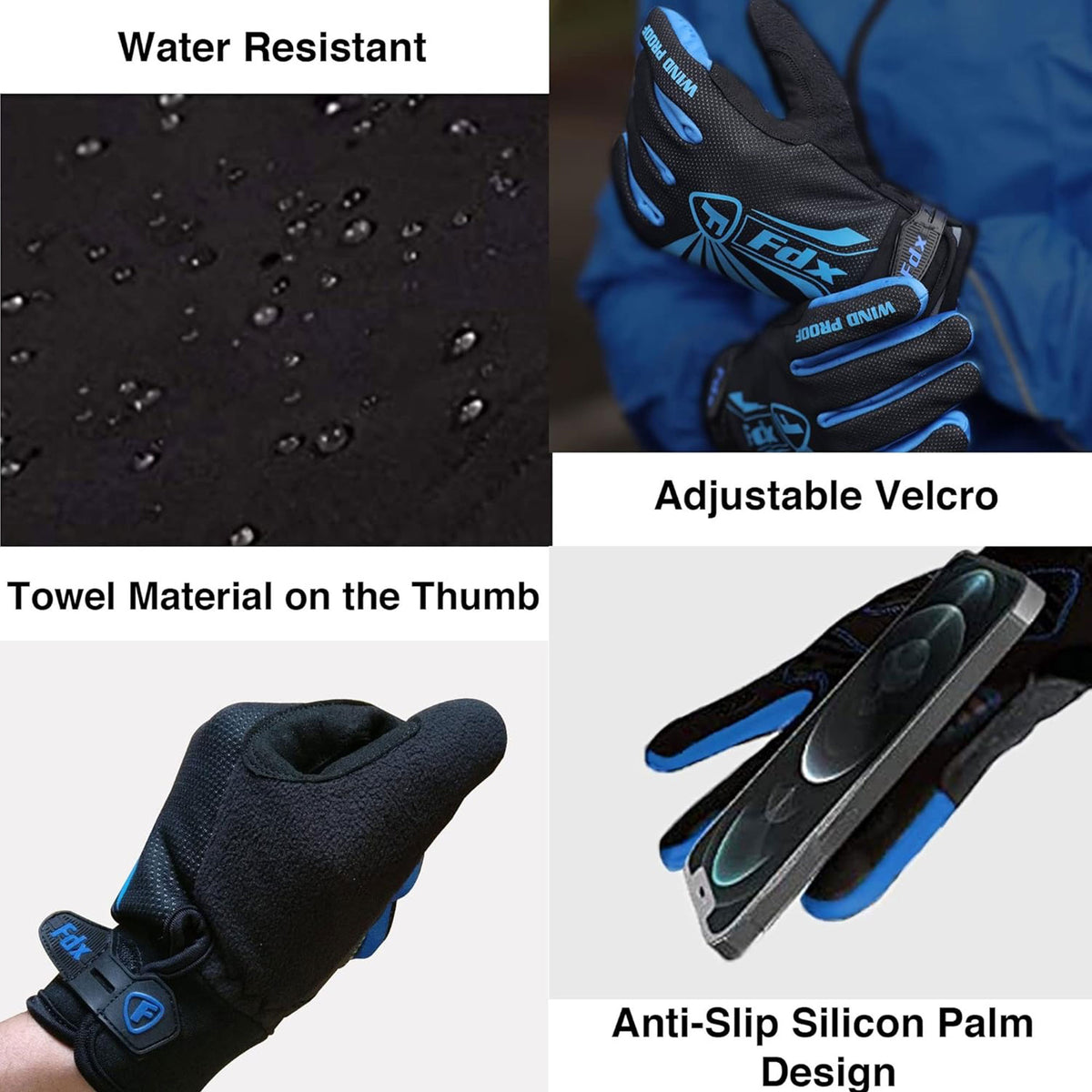 FDX Unisex Black & Blue Full Finger Winter Cycling Gloves - warm windproof anti-slip MTB padded unisex gloves, waterproof touch compatible women racing mitts