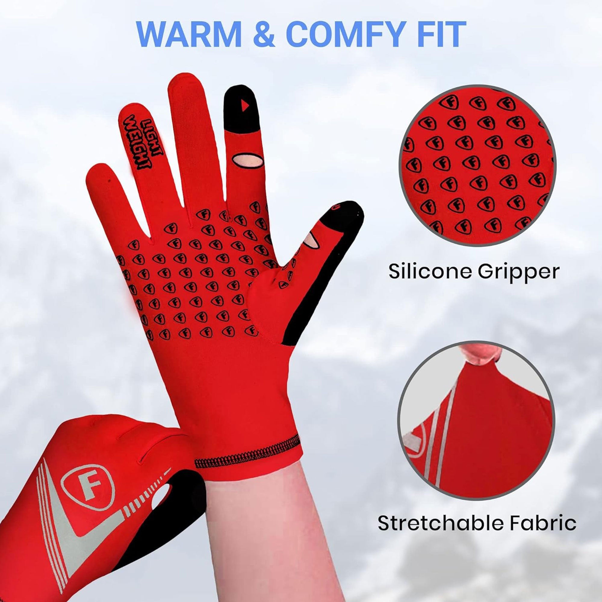 Fdx Red Full Finger Cycling Gloves for Winter MTB Road Bike Reflective Thermal & Touch Screen - Frost