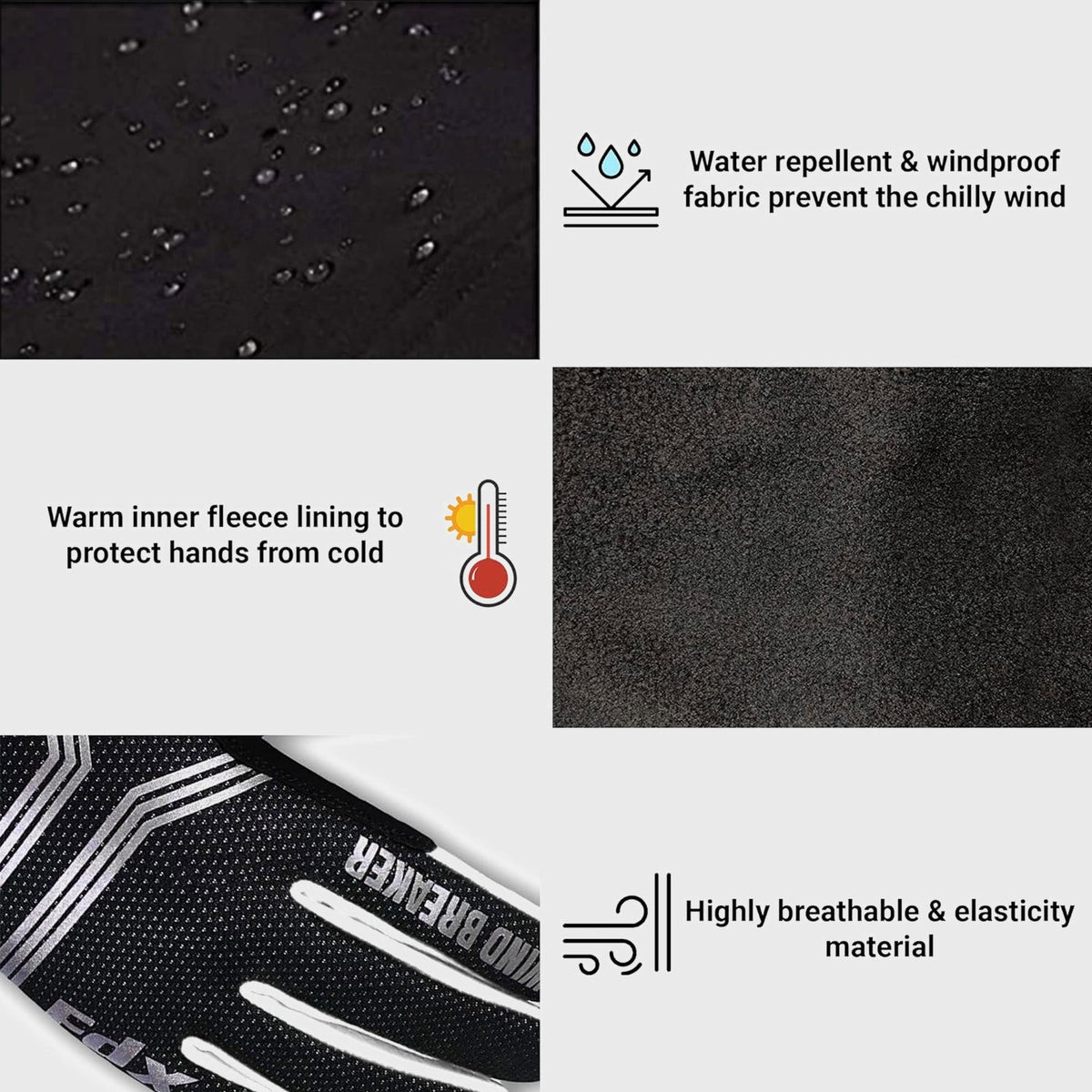 FDX Unisex White & Black Full Finger Winter Cycling Gloves - warm windproof anti-slip MTB padded unisex gloves, waterproof touch compatible women racing mitts