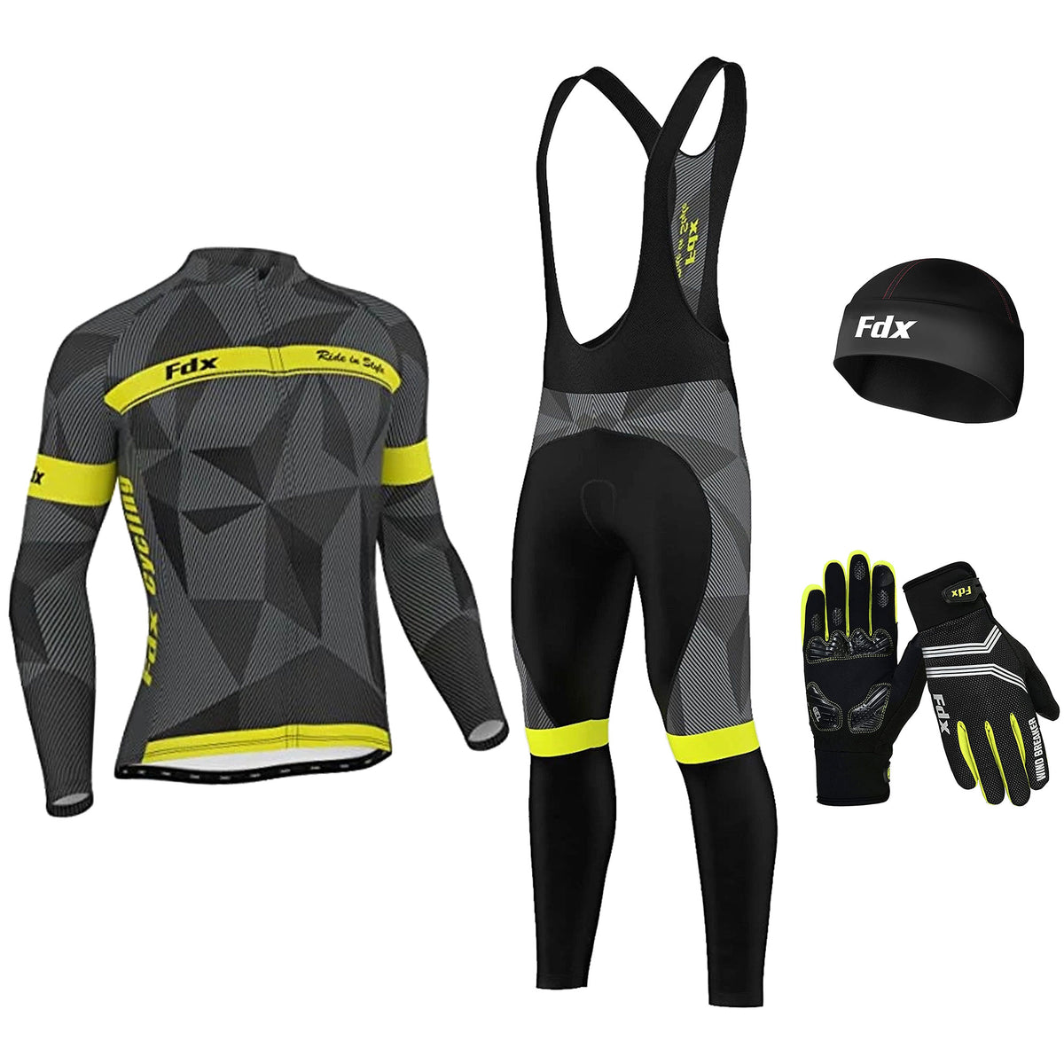 FDX Men’s 4-Piece Winter Cycling Kit Thermal Roubaix Long Sleeve Jersey, Bib Tights, Gloves & Cap Breathable & Insulating – Yellow/Grey